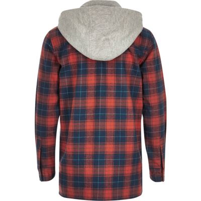 Boys red check hooded shirt jacket